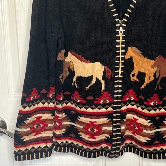 Rods Horse Print Zip Up Cardigan Sweater Womens Sz L Western Country Ranch - Picture 4 of 12
